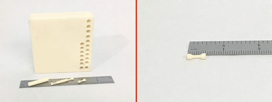 Diamond Core Drilling, Centerless Grinding, Diamond Grinding of tiny precision machined compression specimen from a alumina ceramic billet